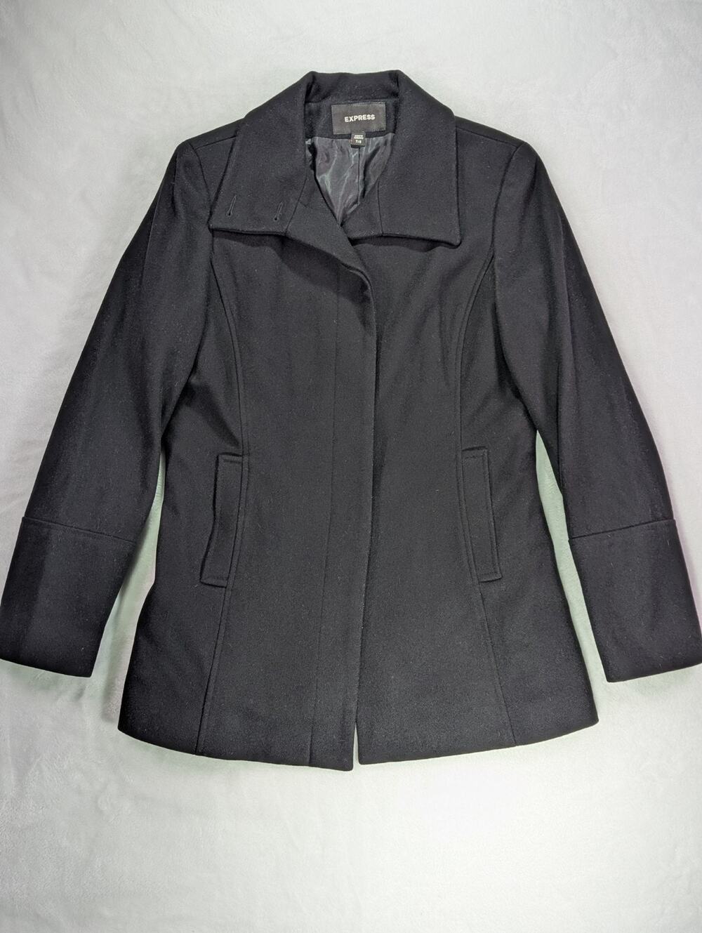VTG Y2K Express Black Wool Coat Hidden Button Placket Womens Size 7/8